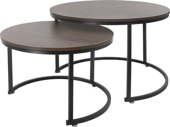Table basse set de 2 formes rondes chêne foncé/noir en MDF et métal ML- Design