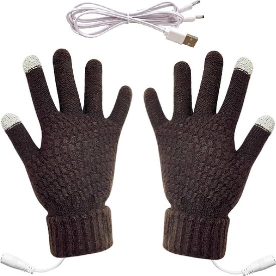 EDMONDO Gants chauffants USB - 2 éléments Heat : bas et haut - Hommes et femmes - Gants chauffants tricotés à doigts complets - Mitaines Chauffage -mains lavables Cadeau d'hiver - Couleur MARRON