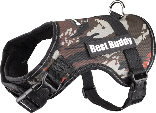 Honden tuigje in camouflageprint met gespen en handvat. 'Best Buddy' opdruk.