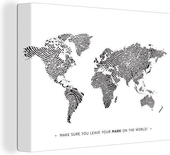 Canvas Wereldkaart - 40x30 - Wanddecoratie Wereldkaart - Zwart - Vingerafdruk