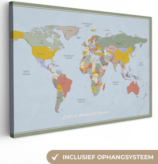 Canvas Schilderij Wereldkaart - Kleuren - Quote - Aarde - Canvasdoek - 60x40 - Wanddecoratie