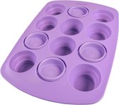 Muffinvorm in lila, Ruimtebesparende muffinbakvorm met opvouwbare vormpjes, van siliconen, BPA-vrij, geschikt voor 12 muffins.