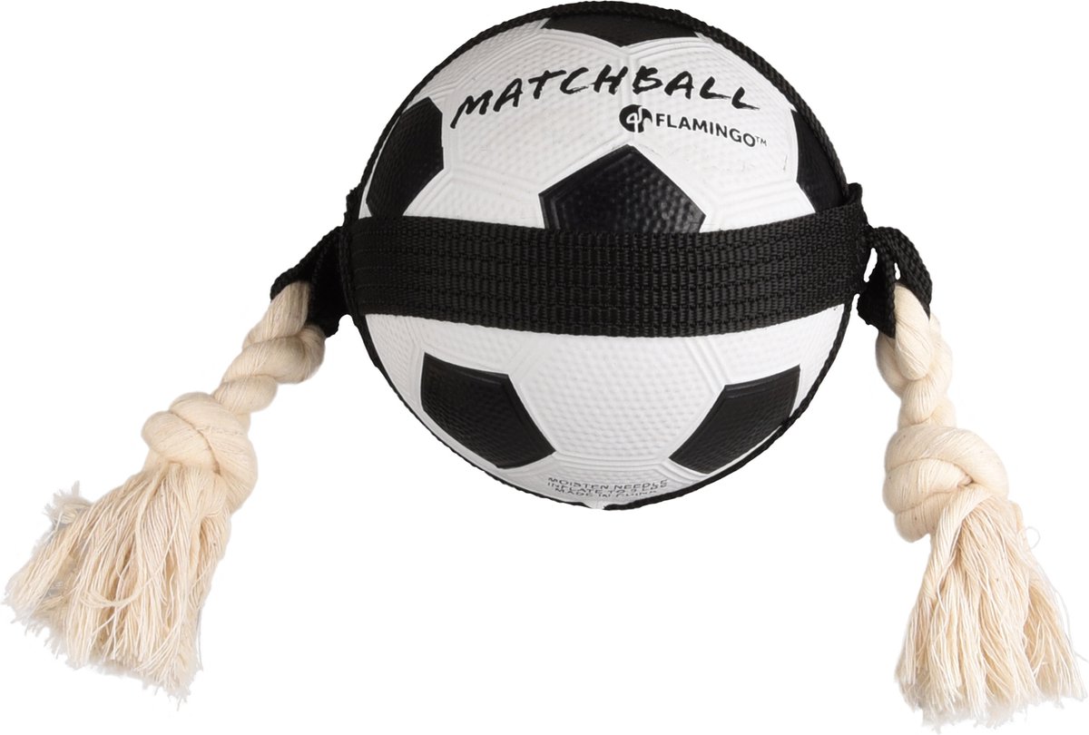 Hondenspeelgoed – Matchball voetbal met touw – Flamingo hondenspeelgoed – hondentouw – hond bal – honden bal – 38 cm – wit/zwart
