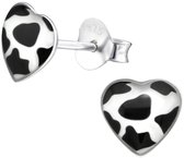 Joy|S - Zilveren hartje oorbellen - koe - koeprint - 7 mm - oorknoppen