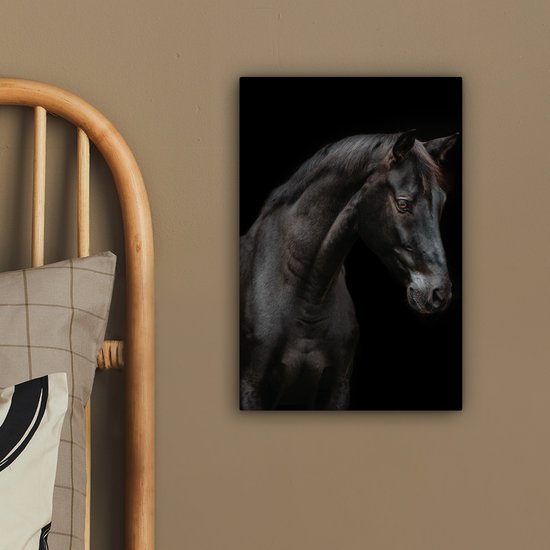 Tableau sur toile Cheval - Animaux - Zwart - Portrait - 20x30 cm - Décoration murale