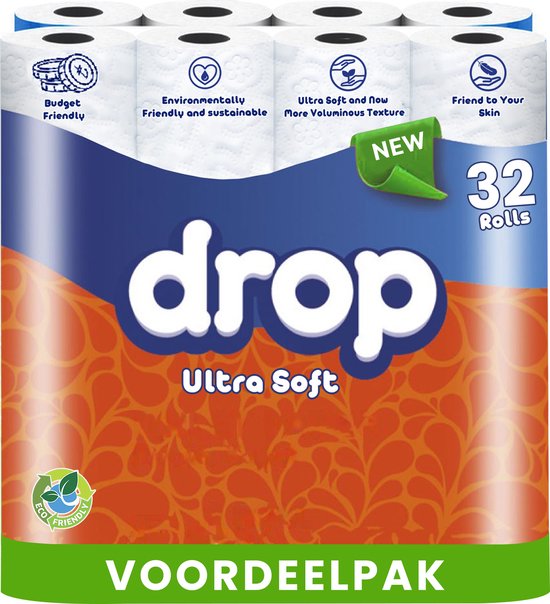 Verpakking van 32 rollen Drop Ultra Soft toiletpapier met een oranje patroon. "Voordeelpakket" staat op de voorkant.