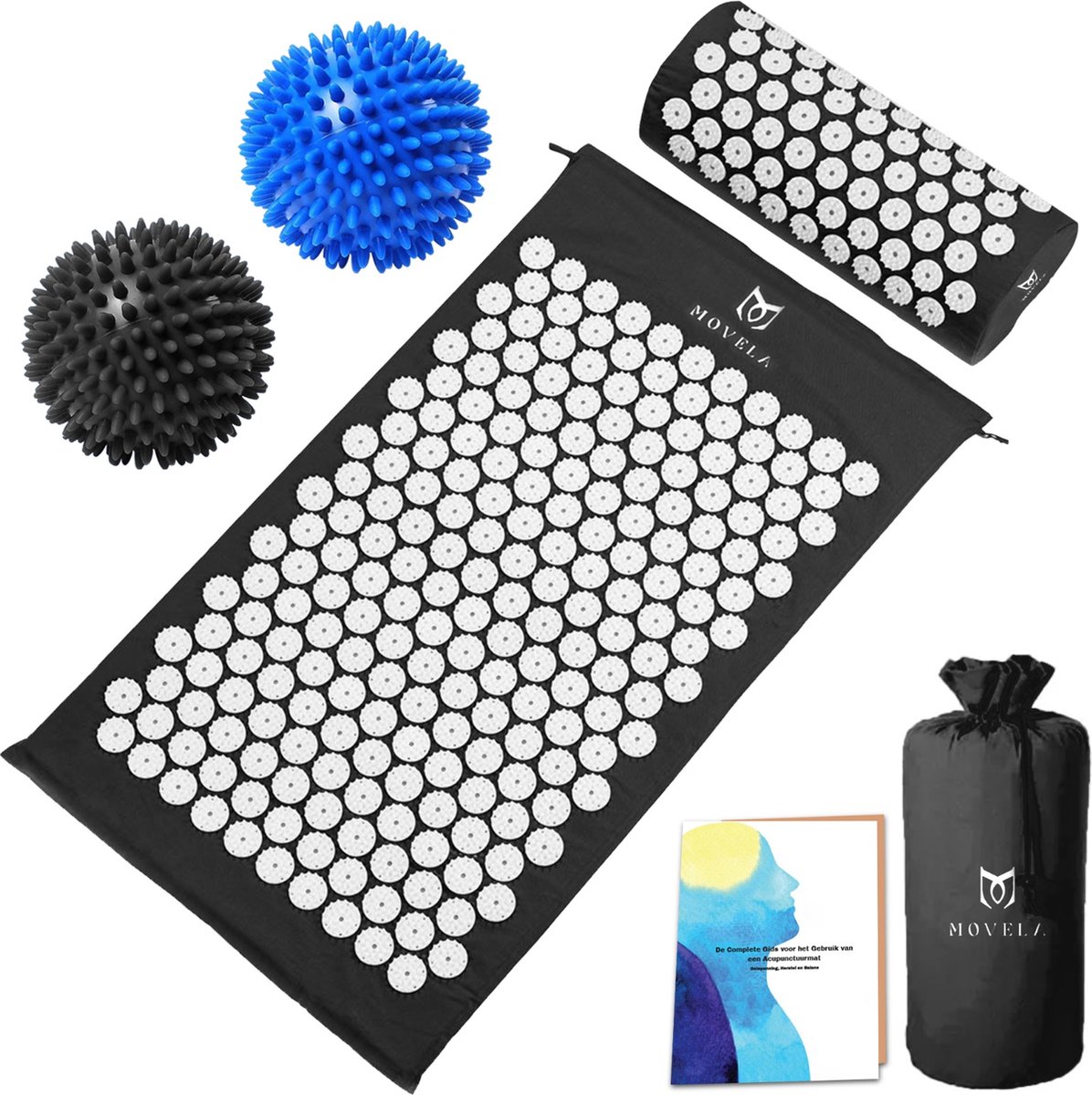 Goedkoopste Movela® Spijkermat met Kussen - Acupressuur Mat Set met Spijkerkussen - Spijkerbed - Shakti Massage - Drukpunten Massagemat - Triggerpoint Bal - 74 x 42 cm - Inclusief E-book - Zwart XL