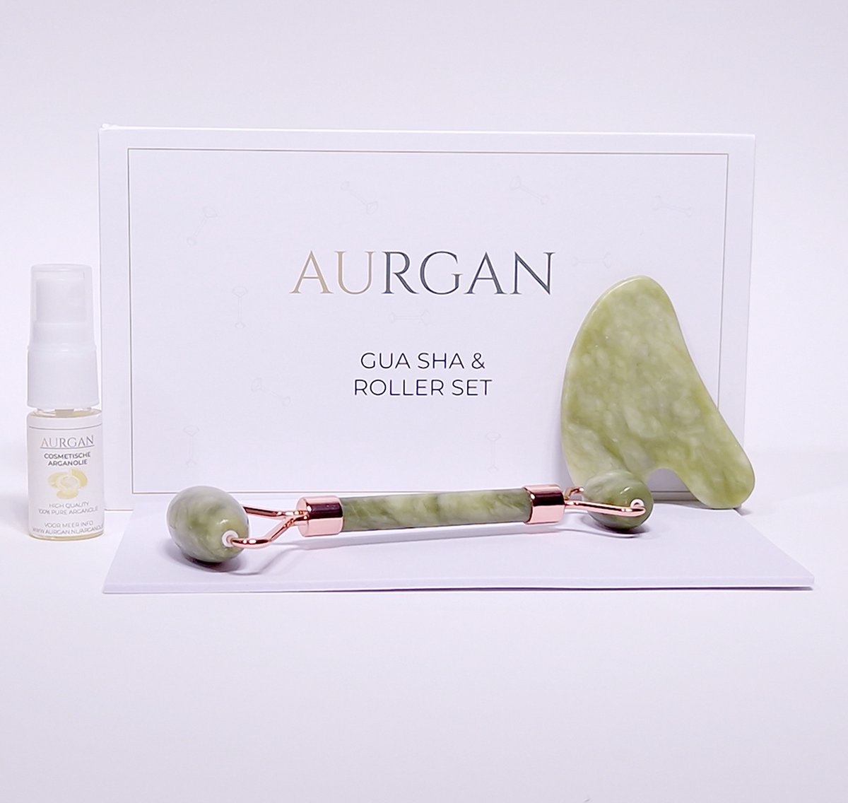 Aurgan Green Jade Roller met Groene Jade Gua Sha steen - inclusief 10ml arganolie - massage - Stimuleert doorbloeding - Anti rimpel massage - Groene Jade