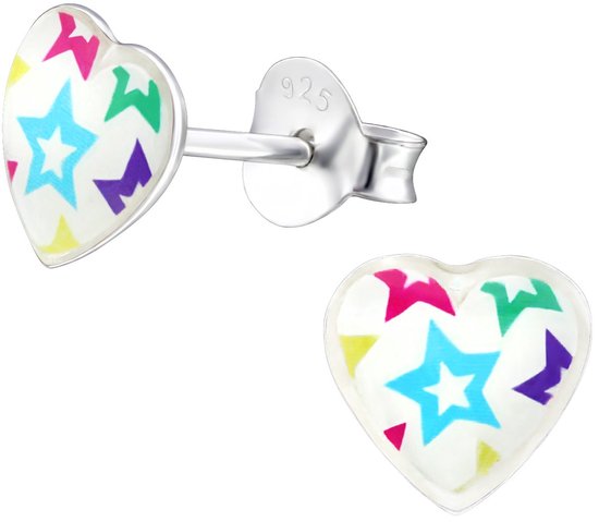 Joy|S - Zilveren hartje oorbellen - met gekleurde sterren - 7 mm