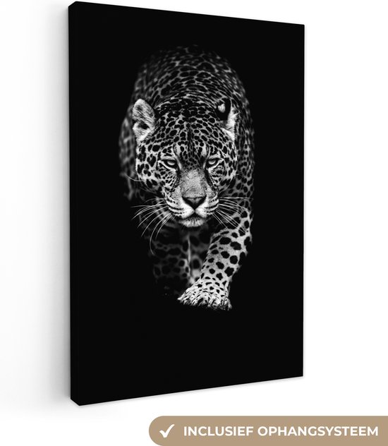 Canvas - Wilde dieren - Luipaard - Natuur - Zwart - Wit - Schilderijen op canvas - 40x60 cm - Muurdecoratie - Canvasdoek