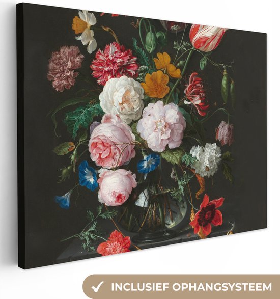 Canvas Schilderij - Stilleven met bloemen in een glazen vaas - Jan Davidsz. de Heem - Kunst - 160x120 cm - Wanddecoratie - Slaapkamer