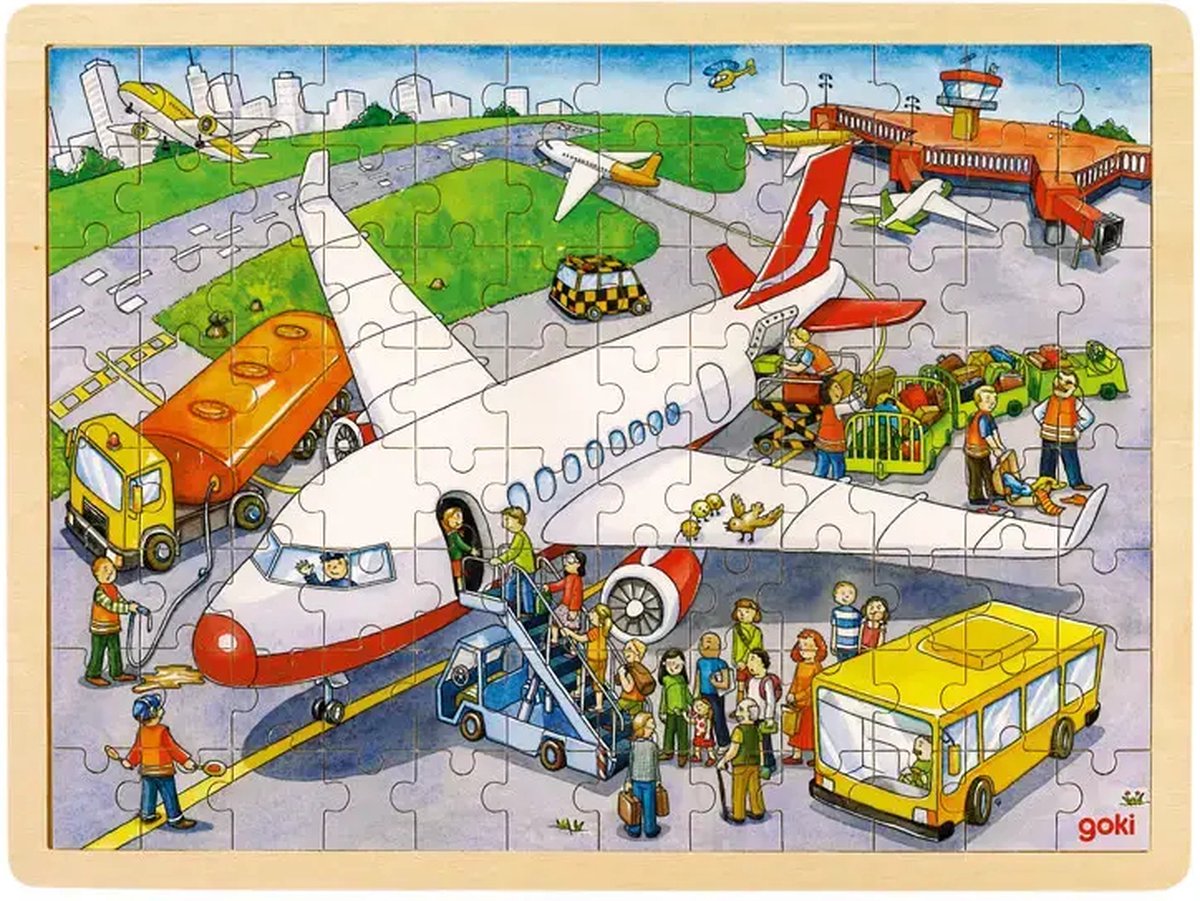 Goki legpuzzel Op De Vlieghaven junior hout 96 stukjes