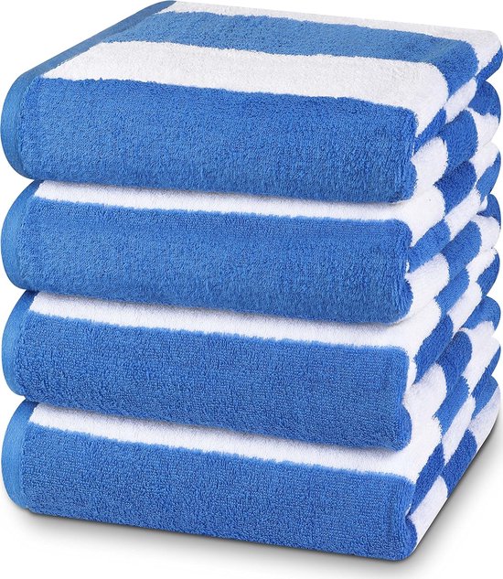strandhanddoeken in blauw en wit gestreept (76 x 152 cm) - grote zwembadhanddoeken van 100% ringgesponnen katoen, zachte en sneldrogende badhanddoeken (4 stuks)