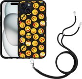 Cazy Hoesje met koord Zwart geschikt voor iPhone 15 Emoji