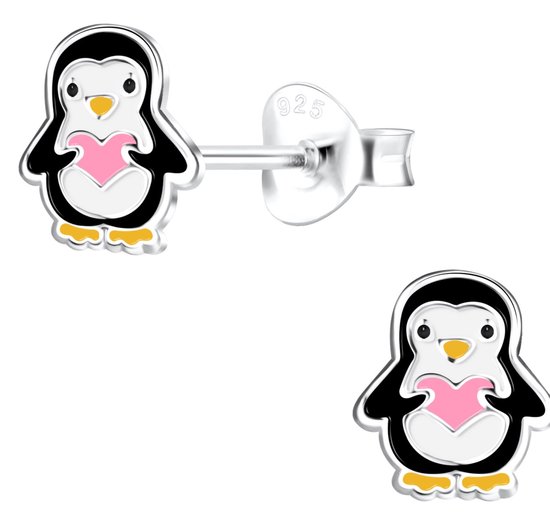 Joy|S - Zilveren pinguïn oorbellen - 6 x 7 mm - roze hartje - kinderoorbellen