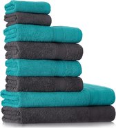 Handdoekenset grijs - turquoise | %100 katoen frotee handdoeken set 8-delig | 2x badhanddoeken set, 4 x handdoeken, 2 x gastendoekjes | zacht en absorberend | Kleur: grijs - turquoise
