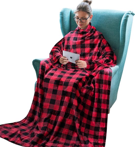 Catalonia Classy Draagbare deken met mouwen, cadeau, voor volwassenen, vrouwen, mannen, superzacht, warme pasvorm, micropluche, lichte fleece lichaamsdeken, tv-wrap-deken met zakken, rode plaid