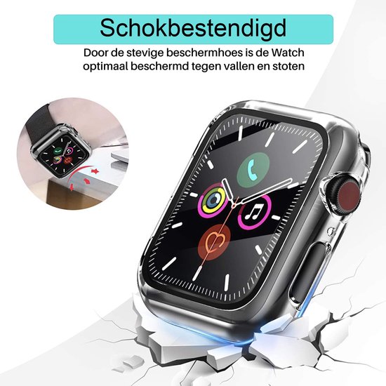 Transparante Apple Watch hoes op gebarsten oppervlak, toont schokbestendigheid.