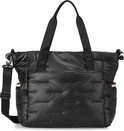 Zwarte gewatteerde shopper met Hedgren-logo, buitenvakken met gestreepte accenten en een losse schouderband.