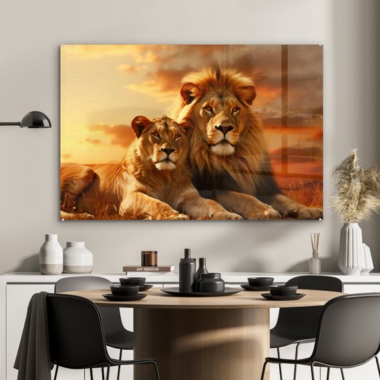MuchoWow® Peinture sur verre 120x80 cm - Peinture sur verre - Lions - Coucher de soleil - Afrique - Savane - Animaux - Photo sur verre acrylique - Peintures