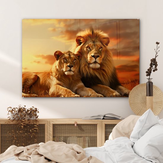 MuchoWow® Peinture sur verre 120x80 cm - Peinture sur verre - Lions - Coucher de soleil - Afrique - Savane - Animaux - Photo sur verre acrylique - Peintures