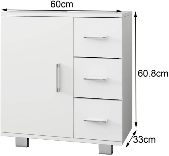 Wit badmeubel met 1 deur, 3 lades, met afmetingen 60x60,8x33 cm.