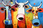 JJ-Art (Canvas) 150x100 | Gekke koeien, humor, kleurrijk, abstract, Herman Brood stijl, kunst | dier, koe, stier, blauw, geel, rood, wit, modern | Foto-Schilderij canvas print (wanddecoratie)