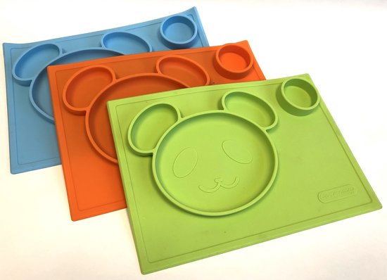 3x silicone placemats voor kinderen |Beren 3D motief |Anti-slip | By TOOBS |Blauw-Oranje-Groen