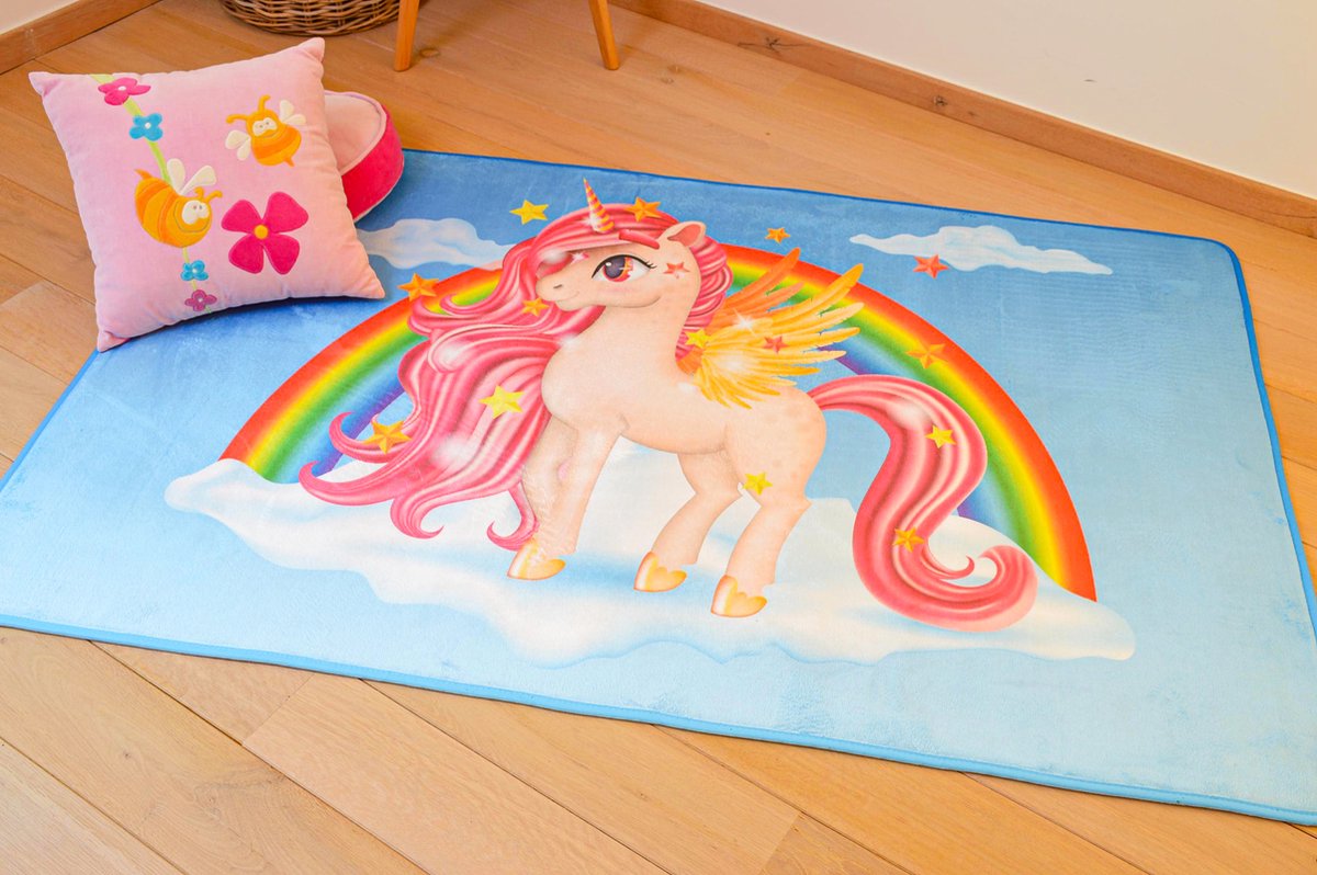 Mats & Joy® Unicorn Vloerkleed Kinderkamer 110x170cm - Fluweelzacht - Wasbaar - Anti-slip - Eenhoorn Tapijt - Babykamer Accessoires – Vloerkleed Babykamer – Speeltapijt Kinderen – Speelmat voor Jongens en Meisjes - Speelkleed