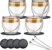Espressokopjes set (4 x 80 ml), cappuccino glazenset, dubbelwandige espresso-glazen, latte macchiato-glazen, cappuccinokopjes, vaatwasmachinebestendige espressoglazen, 4 lepels + 4 onderzetters
