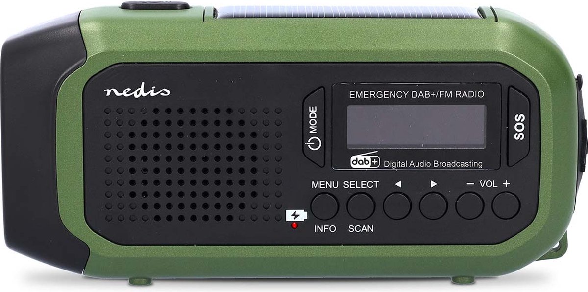 Nedis Noodradio - Draagbaar Model - DAB+ / FM - Batterij Gevoed / Handslinger / Solar Powered / USB Gevoed - Wekker - Groen / Zwart