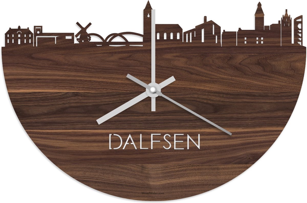Skyline Klok Dalfsen Notenhout - Ø 40 cm - Stil uurwerk - Wanddecoratie - Meer steden beschikbaar - Woonkamer idee - Woondecoratie - City Art - Steden kunst - Cadeau voor hem - Cadeau voor haar - Jubileum - Trouwerij - Housewarming - WoodWideCities
