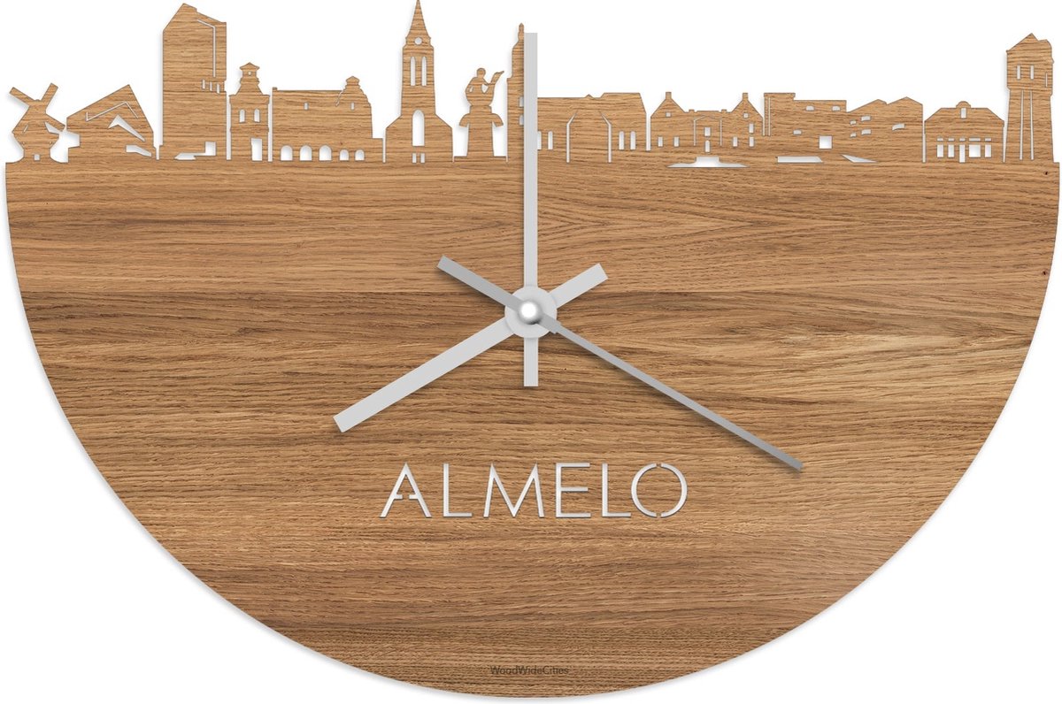 Skyline Klok Almelo Eikenhout - Ø 40 cm - Stil uurwerk - Wanddecoratie - Meer steden beschikbaar - Woonkamer idee - Woondecoratie - City Art - Steden kunst - Cadeau voor hem - Cadeau voor haar - Jubileum - Trouwerij - Housewarming - WoodWideCities