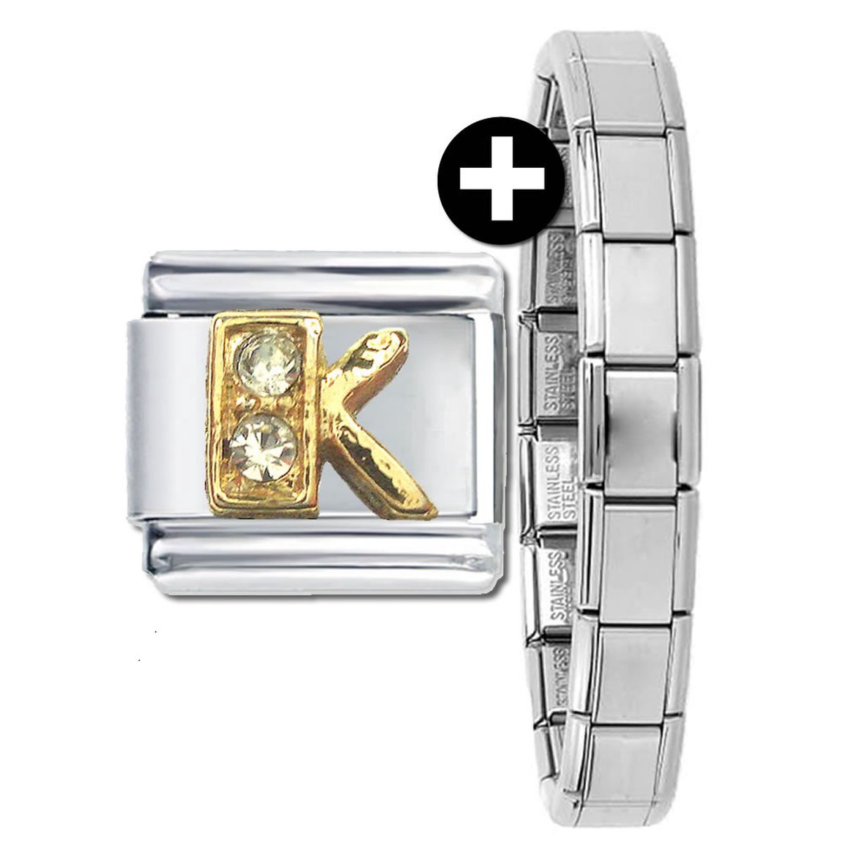 Schakel - Bedel - Letter K - Plus Armband - met strass - 9mm- Passend op Nomination armband - Plated