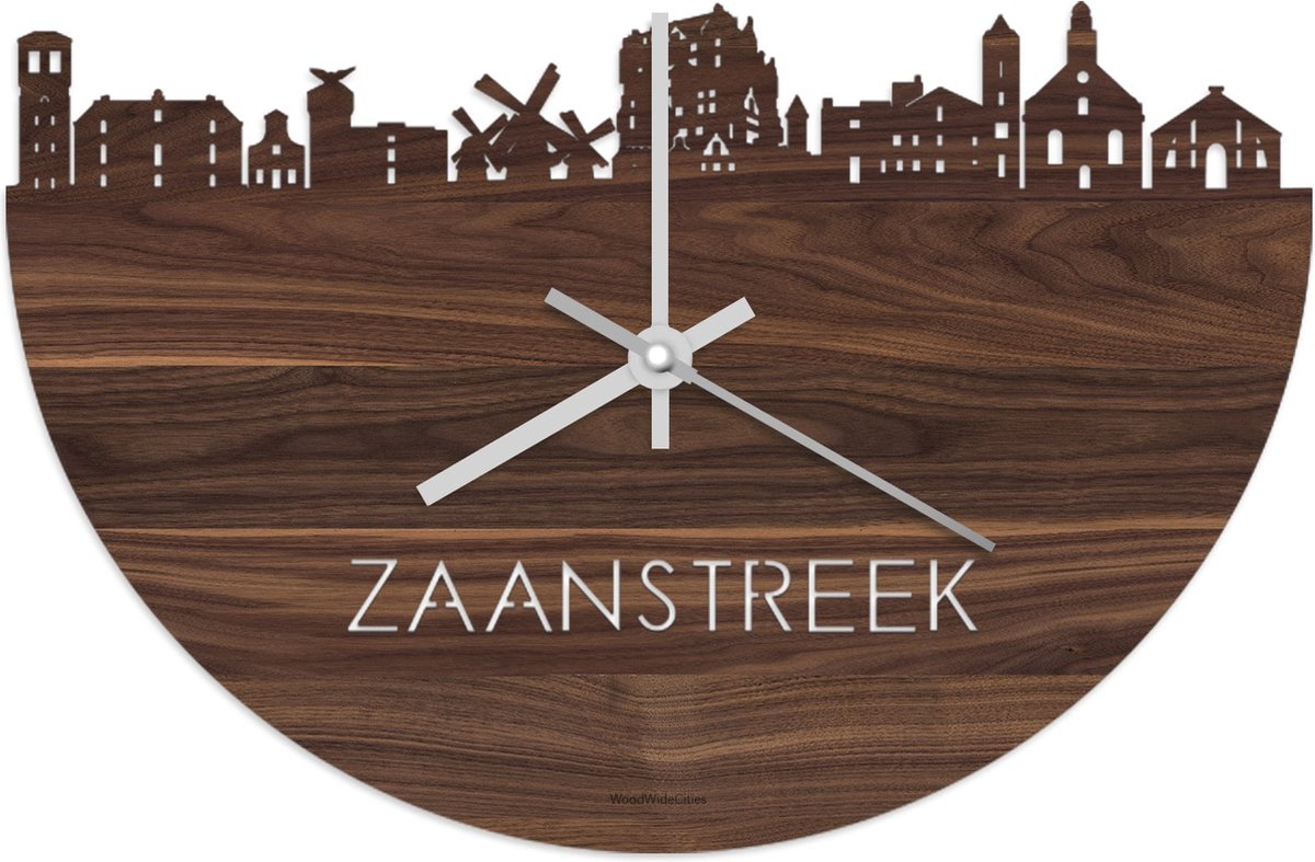 Skyline Klok Zaanstreek Notenhout - Ø 40 cm - Stil uurwerk - Wanddecoratie - Meer steden beschikbaar - Woonkamer idee - Woondecoratie - City Art - Steden kunst - Cadeau voor hem - Cadeau voor haar - Jubileum - Trouwerij - Housewarming -