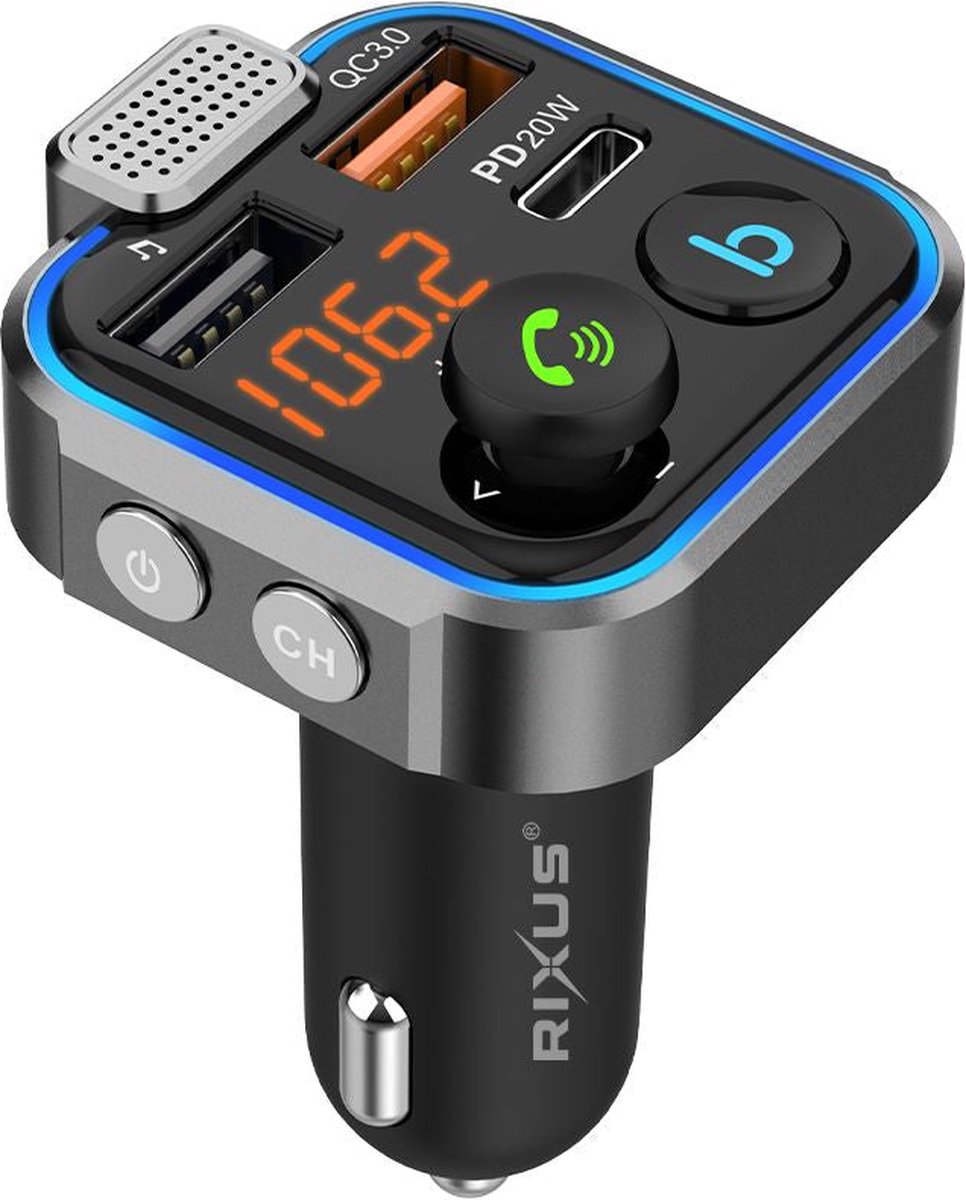 Rixus - Bluetooth FM Transmitter - Autolader -USB-A en USB-C, Bluetooth Carkit - Zwart - rxbt30