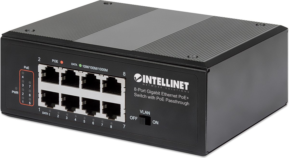 Intellinet – Industriële PoE+ netwerk switch – 8‑poorts Gigabit – PoE Passthrough – DIN‑rail montage