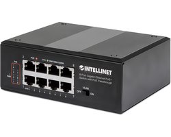 Intellinet – Industriële PoE+ netwerk switch – 8‑poorts Gigabit – PoE Passthrough – DIN‑rail montage