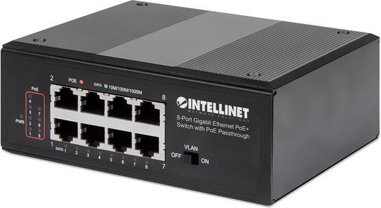 Intellinet – Industriële PoE+ netwerk switch – 8‑poorts Gigabit – PoE Passthrough – DIN‑rail montage