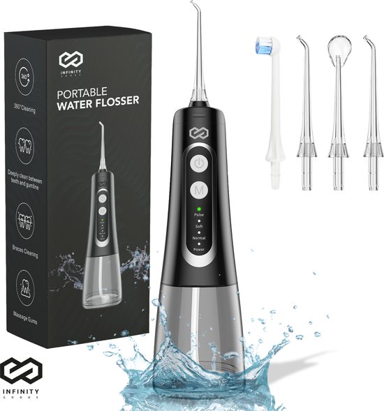 Infinity Goods Water Flosser - Irrigateur oral - Flosser électrique - Sans fil et rechargeable - 5 accessoires - Zwart