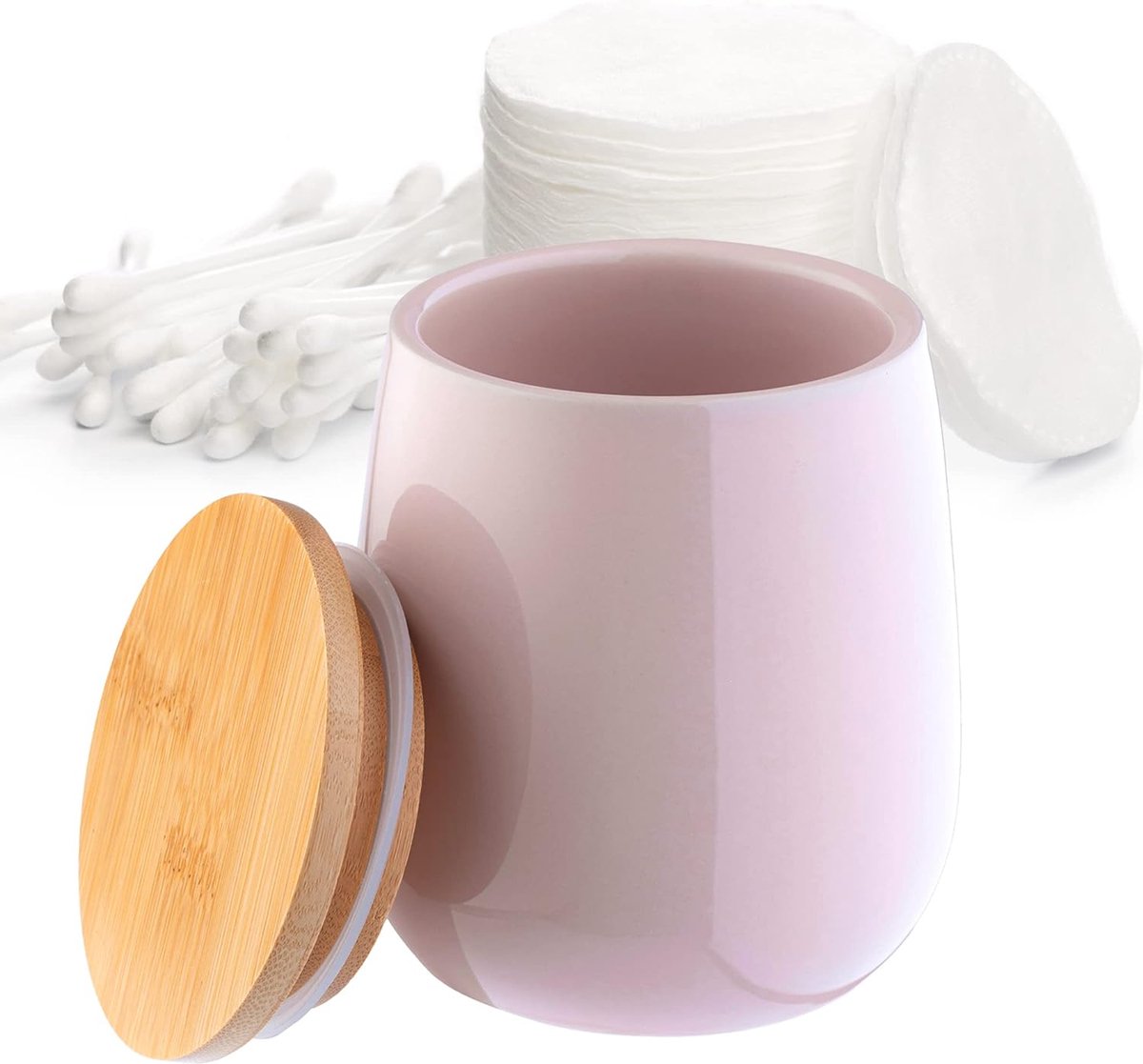 Cosmeticadoos, opbergdoos van keramiek - wattenschijfje met deksel van bamboe, wattenschijfhouder, voorraaddoos, wattenhouder, universele doos voor badkamer, wattenschijfjes, rond - Roze KADAX