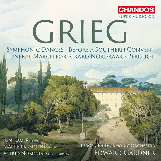 CD-hoes met een schilderij van een landschap met een gebouw, bomen en mensen. Tekst: Grieg Symphonic Dances, Before a Southern Convent, Funeral March for Rikard Nordraak, Bergliot.