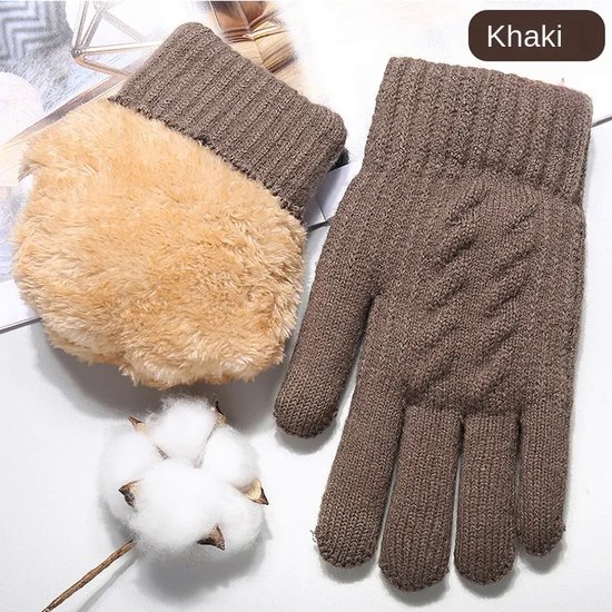 Extra dikke hoogwaardige kwaliteit fleece gevoerde gebreide winter touchscreen handschoenen, Khaki, Onesize. extra fleecevoering