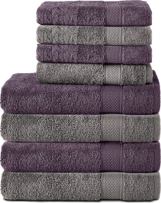 Set de serviettes Komfortec 4x drap de bain 50x100 cm + 4x serviette 70x140 cm - 100% Katoen - Gris anthracite & Violet