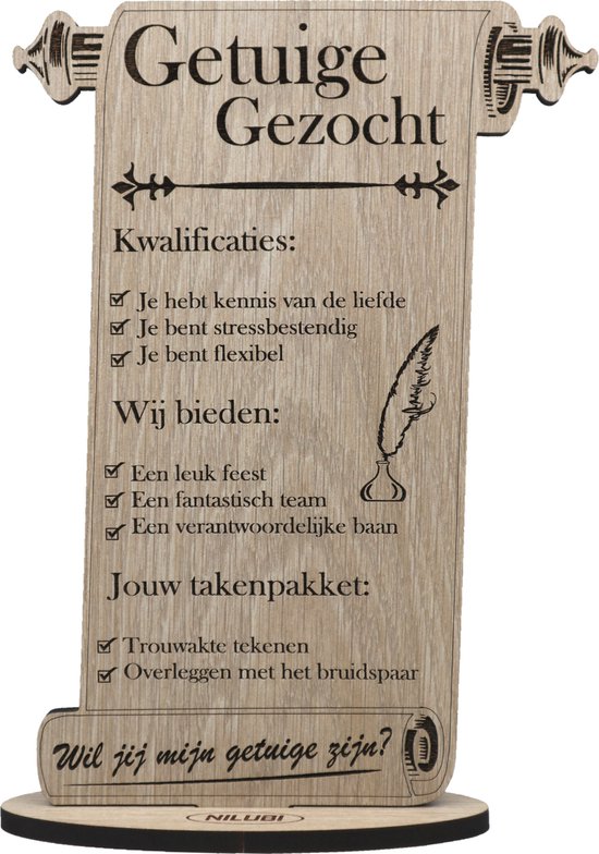 Perkament Getuige gezocht - houten wenskaart - kaart van hout - Wil je mijn getuige zijn? - huwelijk getuige vragen - 17.5 x 25 cm