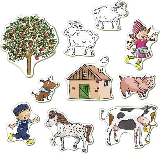 Vrolijke boerderijfiguren: appelboom, twee schapen, hond, paard, koe, varken, boerderij, jongen en meisje.