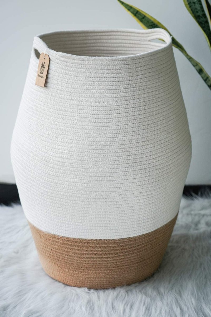 Goedkoopste Wasmand, grote opbergmand, gevlochten van katoen, touw voor knuffelige kleding in de bijkeuken, 65 cm hoog, wit en jute