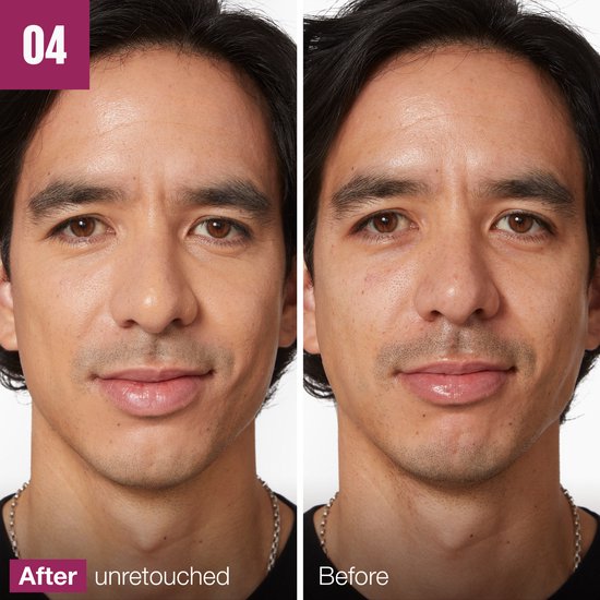 Vergelijking van een man met en zonder Maybelline concealer. De rechterfoto toont het effect.