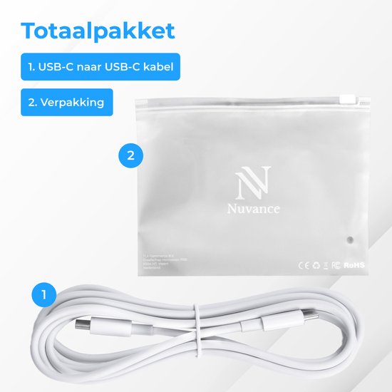 Totaalpakket: 1. USB-C naar USB-C kabel, wit. 2. Verpakking, een doorzichtig Nuvance zakje.