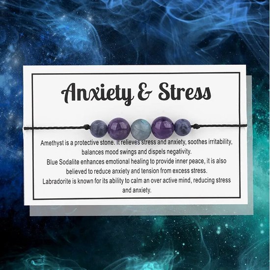 Bixorp "Anxiety & Stress" Cadeau Armband - Edelsteen Armbandje op kaartje - Amethist, Sodaliet & Labradoriet
